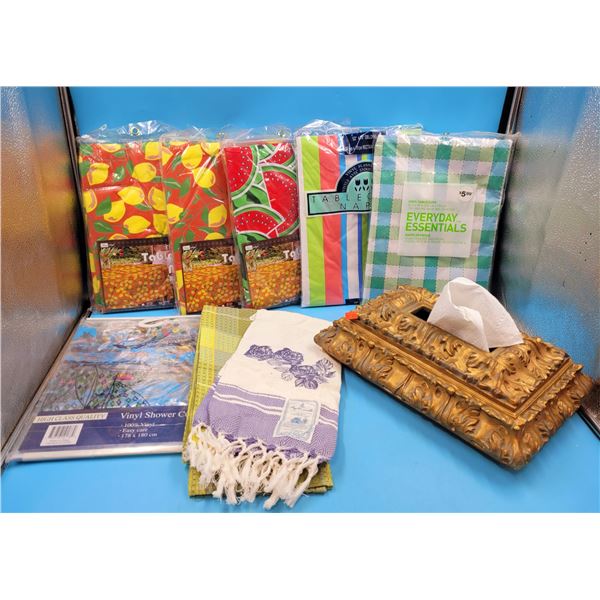 Home Decor Lot w/ Tablecloths, Tissue Holder, & Shower Curtains