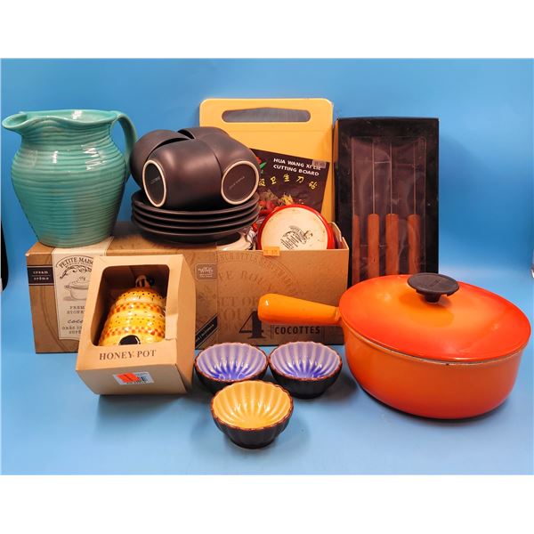 Kitchen Supplies Lot Including Dutch Oven, Cutting Board & Knives