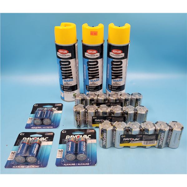 New Cans Of Krylon Quik Mark, 3 Packs Of D6 Rayovac Batteries & 3 Packs Of 2 C2 Rayovac Batteries