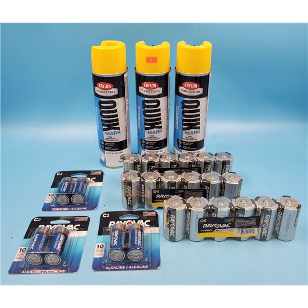 New Cans Of Krylon Quik Mark, 3 Packs Of D6 Rayovac Batteries & 3 Packs Of 2 C2 Rayovac Batteries