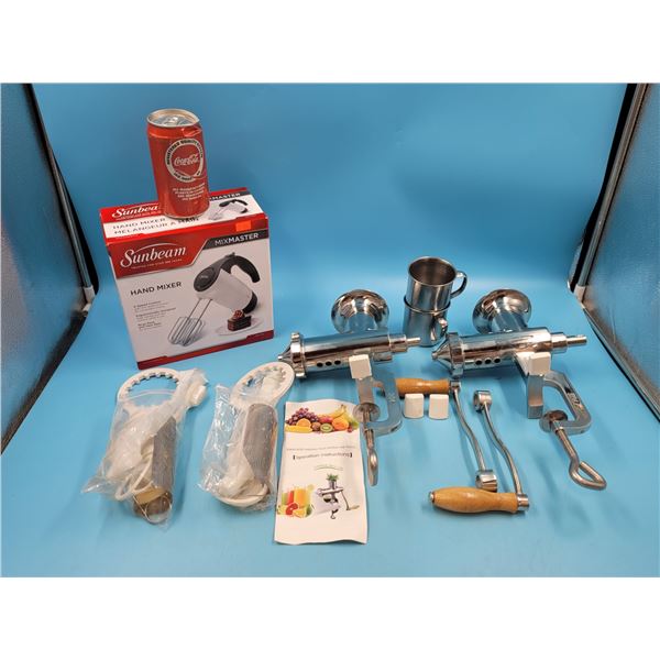2 Hand-Held Stainless Steel Suction Cup Juicers & Sunbeam Hand Mixer