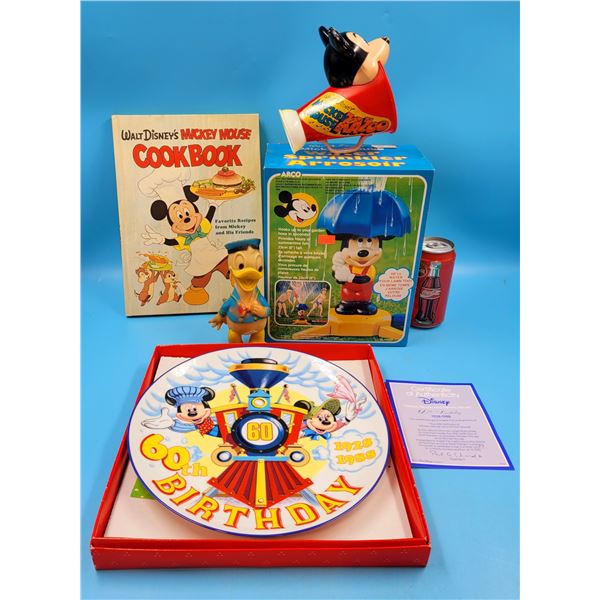 VTG Disney Mickey Mouse Sprinkler, Collectors Plate Cook Book & Toy