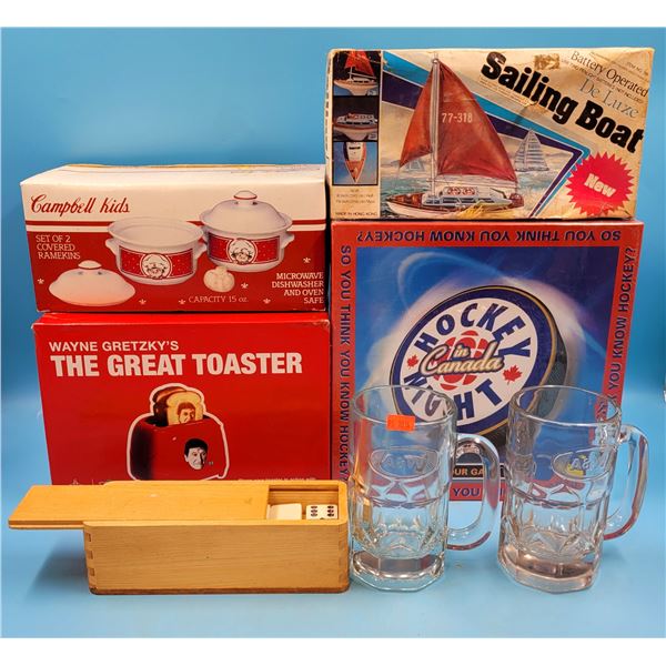 A&W Glasses, Campbell Kids Covered Ramekins, The Great Toaster, Sailing Boat Model & Collectible Lot
