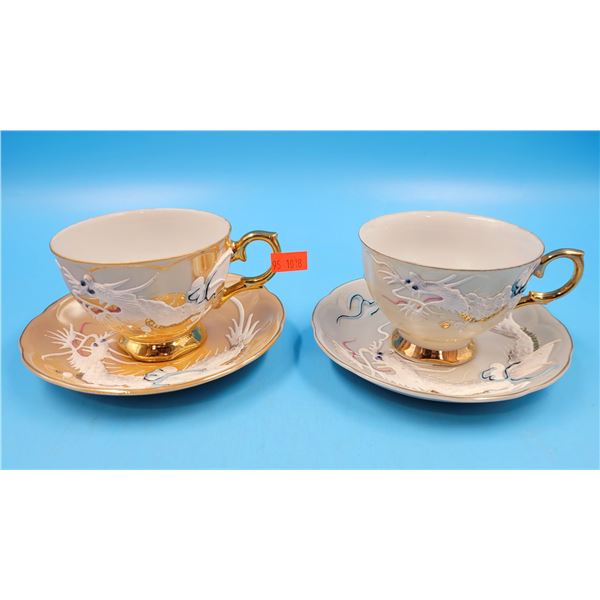 Two VTG Hand Painted Dragon Tea Cup & Saucers Made In Japan