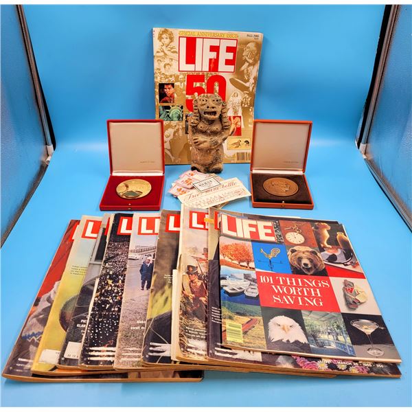 Lot Of VTG LIFE Magazines, Commemorative Coins, Statue & Stamps