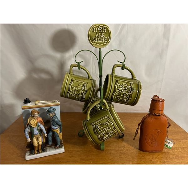 Set of 4 Bar Mugs with a"open all Night" stand, decanter & Leather bottle