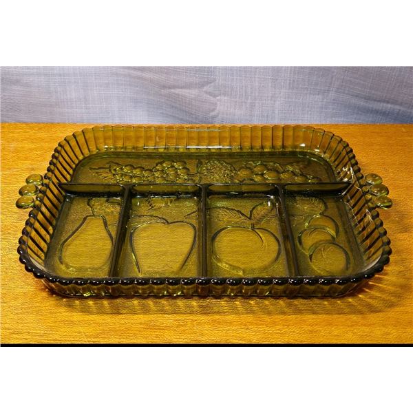 Vintage green glass serving tray with dividers-bottom fruit design