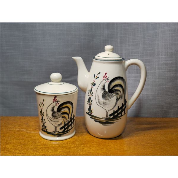 Handpainted Stanford rooster painted teapot and cannister