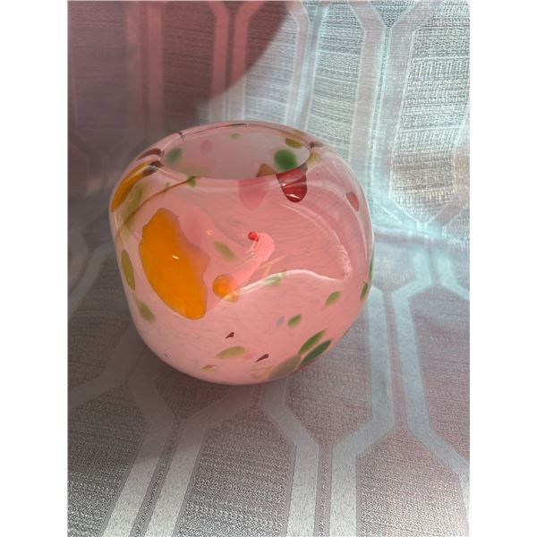 Blown Glass Pink in color Vase with speckles in a Variety of Colors