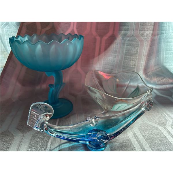 Vintage blue frosted pedestal candy dish, blown glass blue ashtray, candy dish blue & gold.
