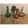 Image 1 : Amber bottle w/top , goblets/lid, leather covered bottle green bottle /lid & blown glass