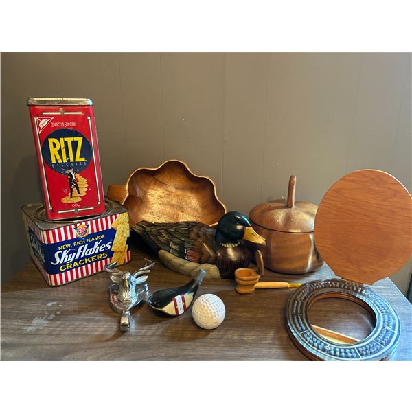 Ritz tin, sky flakes crackers, solid wooden dishes/lidcrib board, mallard duck decoy solid wood - no