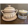 Image 1 : Large beige brown Soup Pot with Plate Holder & Cracker Barrel AgkassnJar with lid
