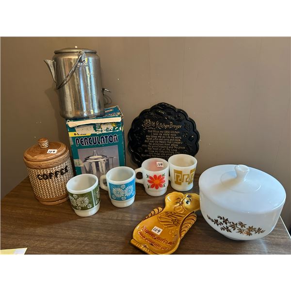 Aluminum percolator , kitchen prayer, 4 FireKing mugs, glass coffeee canister with lid, vintage spoo