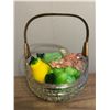 Image 1 : Crystal glass Basket with brass handle, blown heavy glass fruit ( pears and grapes)