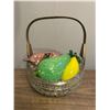 Image 2 : Crystal glass Basket with brass handle, blown heavy glass fruit ( pears and grapes)