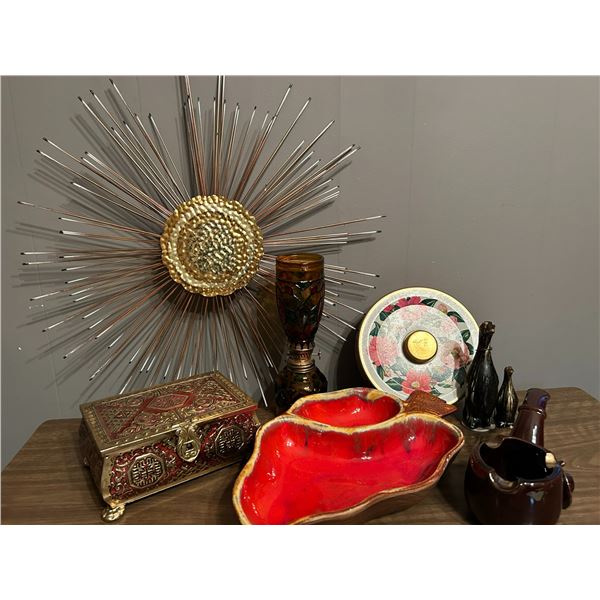 Golden color spikes wall decor, gold and red vintage tin , novelty pipes, glass penguins blue&white 