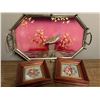 Image 1 : Vanity tray with bird and two wooden frames colourful prints of birds