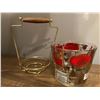 Image 2 : Vintage Glass ice Bucket with drink recipes etched on glass and a handle carrier.