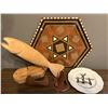 Image 1 : Wooden platter diamond design. Carved wooden Fish display, birch canoe, totem pole & Totem Plate .
