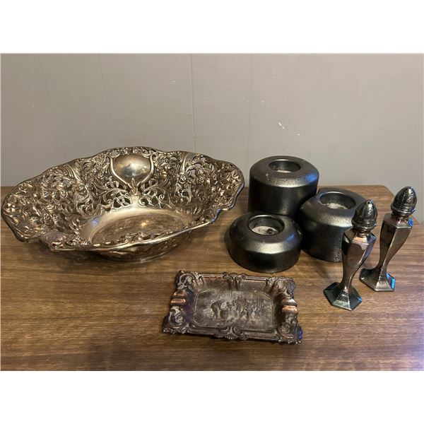 large Silver Bowl unique design , heavy silver S & P, Vintahe Ashtray, Tea Candle Holders.