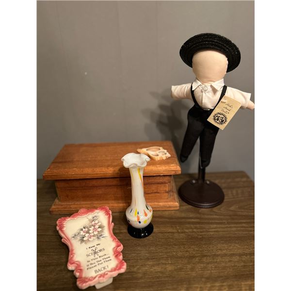 Solid Wood Handmade Box, Amish doll on display, blown glass vase, moms Scissor wall mount