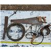 Image 1 : hand saw, pry bar, tow rope and horse show anvil