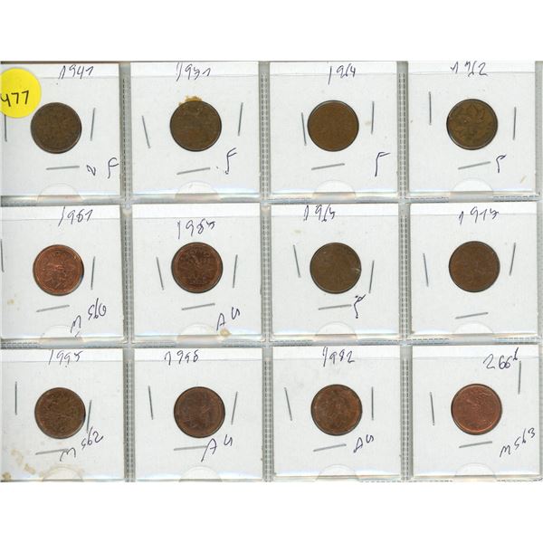 Lot of 12 One Cents Coins.