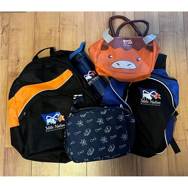 Metis Nation Sask kids backpacks, lunch bags and water bottle. Clean. Like new.