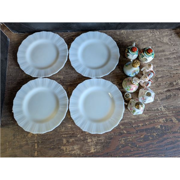 (4) uranium Milk Plate glass w/ Small Vintage Salt and pepper shakers