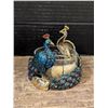 Image 1 : Peacock Metal Holder w/ Glass bowl and turquoise and bone bracelet (Great Condition)