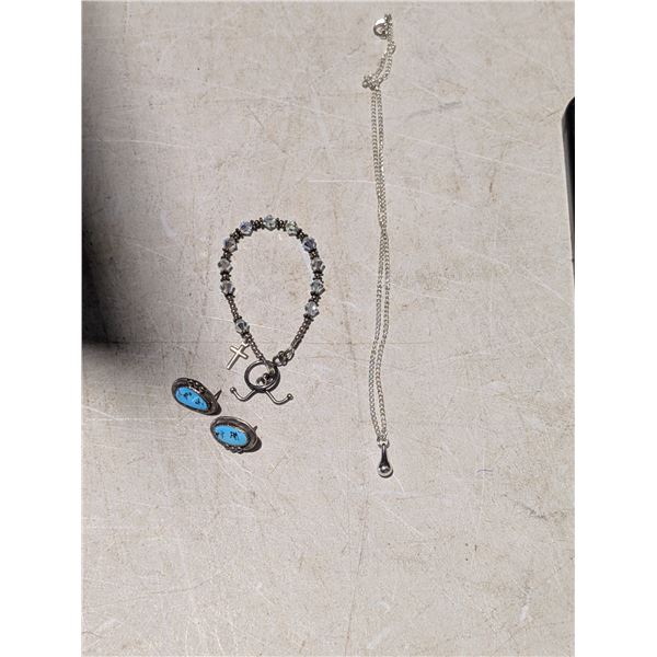 Siler Tear Drop Necklace, Holy Bless Cross Chain , Pair of Earrings