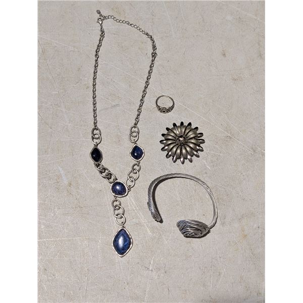 13" Nina Ricci Necklace Silver w/ Blue Stones -50mm Metal Flower Brooch/Silver Ring
