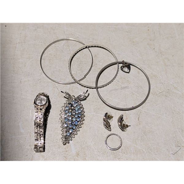 Silver Tone Quart Watch ,Bangles with silver Heart Locke, Silver Brooch