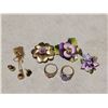 Image 1 : 9.5" Necklace, Purple Stone Earrings, Porcelain Flower Brooch, 2 Gem Rings