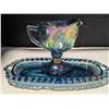 Image 1 : Indiana Glass Blue Carnival Glass Footed Sugar Bowl, and Creamer Underplate (excellent Condition)