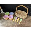 Image 1 : Braided wooden Basket w/ (4) Ice Cream Designed Bowls and spoons