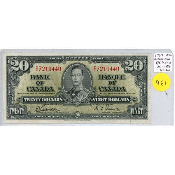 1937 Bank of Canada 1937 $20. Gordon-Towers signatures. E/E Prefix. BC-25b. VF-20.
