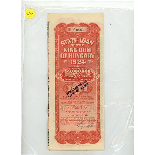 State Loan Bond of the Kingdom of Hungary 1924. Issued at 7 1/2% Interest. Includes 5 unused Bearer 