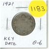 Image 1 : 1921 Canadian Silver 25 Cents. Key Date. Mintage of 597,337. G-6.