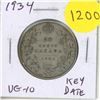 Image 1 : 1934 Canadian Silver 50 Cents. Key Date. Mintage of 39,539. VG-10.