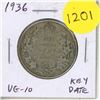 Image 1 : 1936 Canadian Silver 50 Cents. Key Date. Mintage of 38,550. VG-10.