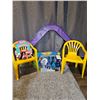 Image 5 : Assortment of Kids Things. Two Yellow Resin Chairs, Mini Mouse 'Ice Cream' Race Track Set with track