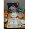Image 1 : Miscellaneous items. Four Pie Plates (Two are Fire King), Crystal Two Teir Serving Platter, Water Ca