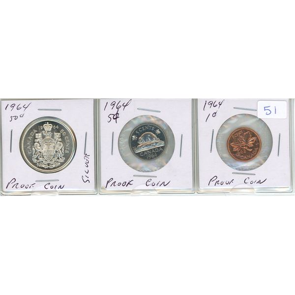 1964 canadian proof-like half dollar, nickel and penny