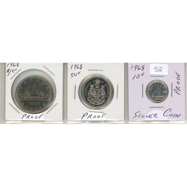 1968 canadian proof-like dollar,silver  half dollar and dime