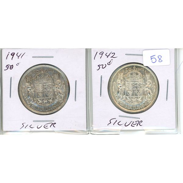 1941 and 1942 canadian silver half-dollar