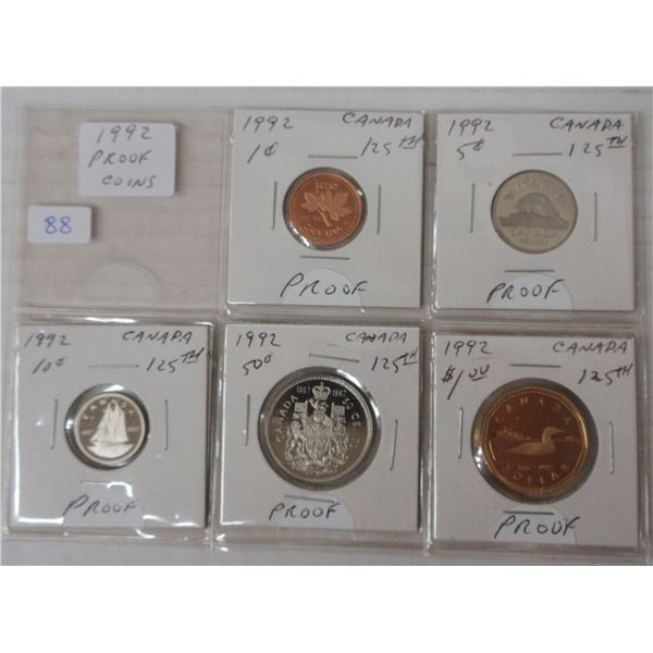1992 canadian dollar, half-dollar, dime, nickel and penny
