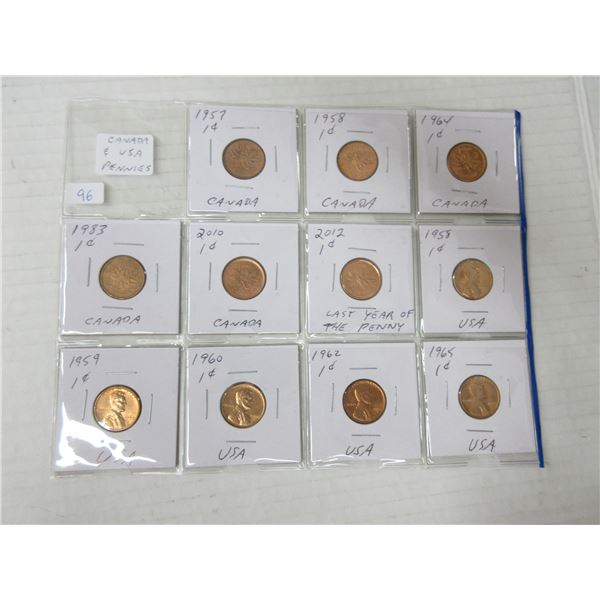 7 canadian pennies and 4 U.S.A pennies-various years