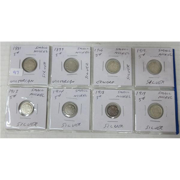 8 small canadian nickels- various years